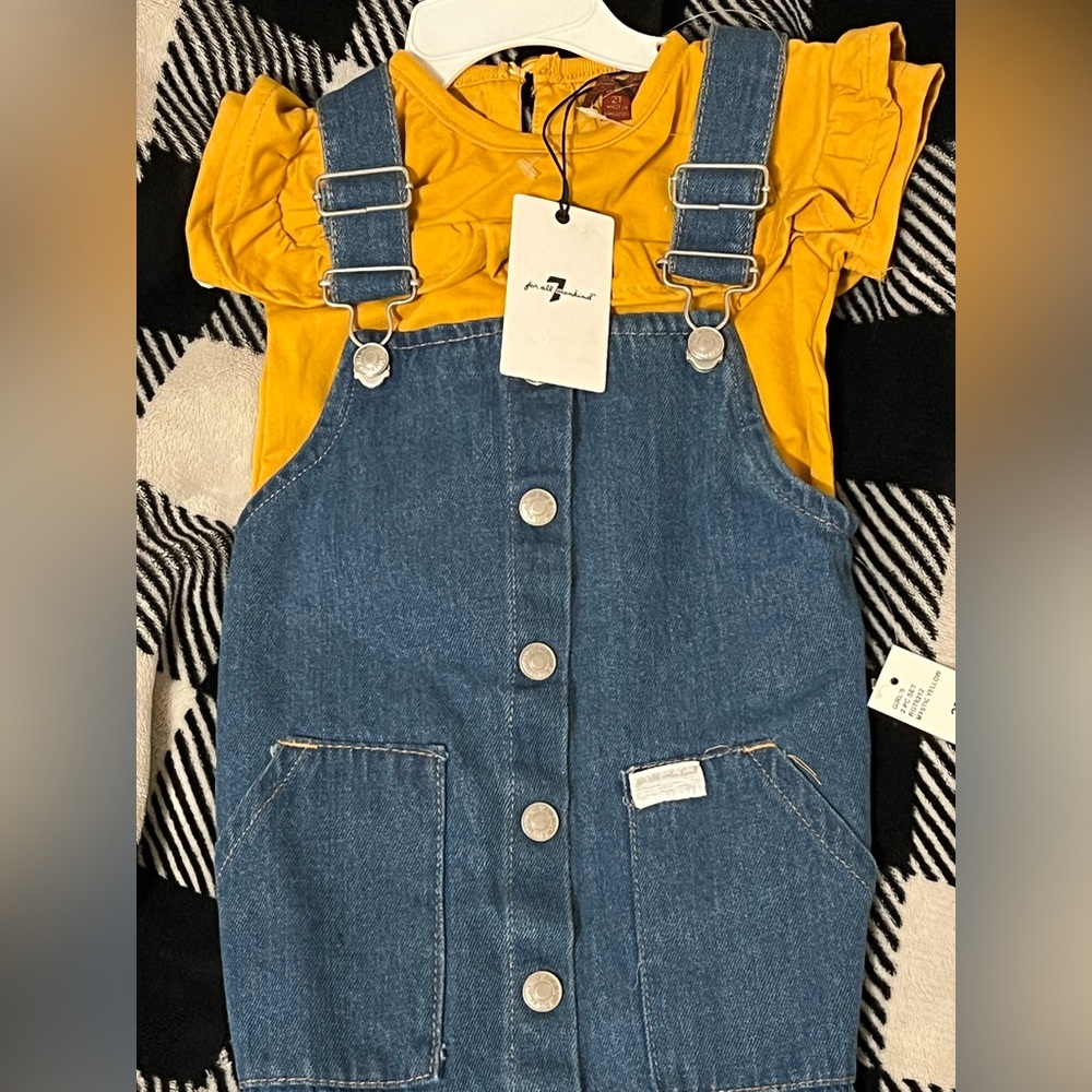 Never Been Worn Toddler Size 2T Denim Overall Dress with Yellow Top